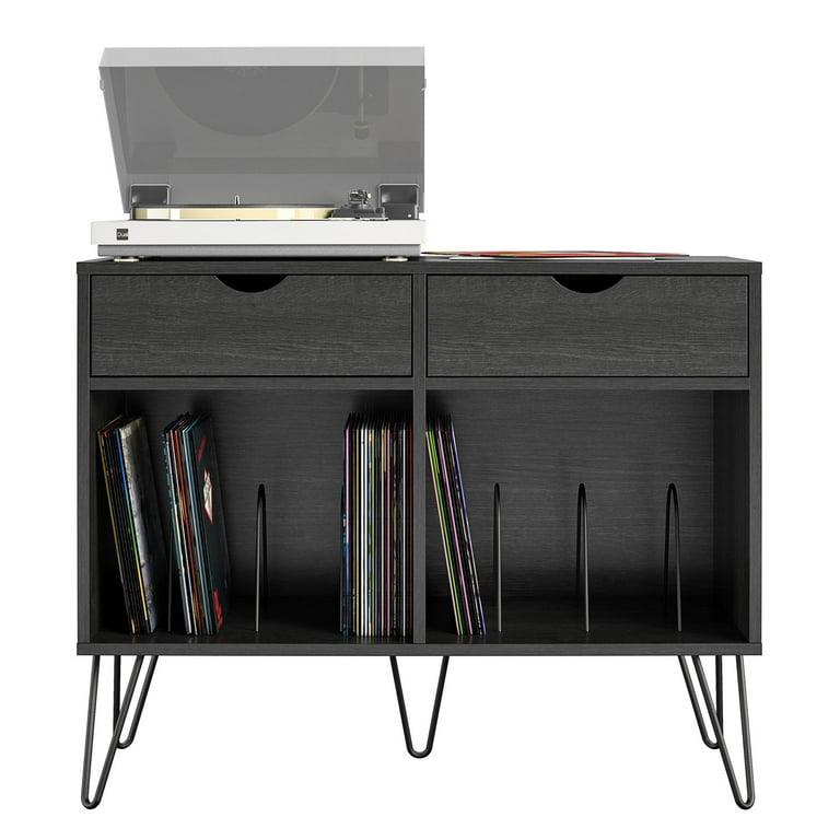 Novogratz Concord Turntable Stand with Drawers, Black Oak