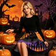 thumbnail image 4 of Women's Halloween Dress Bone Printed Long Sleeve Scary Tea Length Dress Pumpkin Hepburn Crew Neck Horror Swing Dress with Belt 3XL, 4 of 6