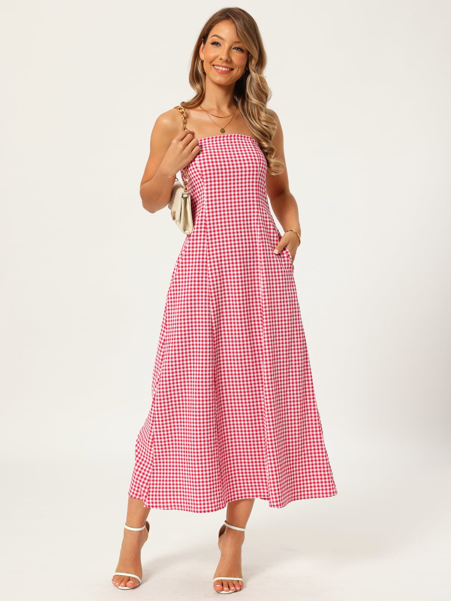 DARING DIVA Women's Gingham Strapless Maxi Summer Casual Sundress M Red