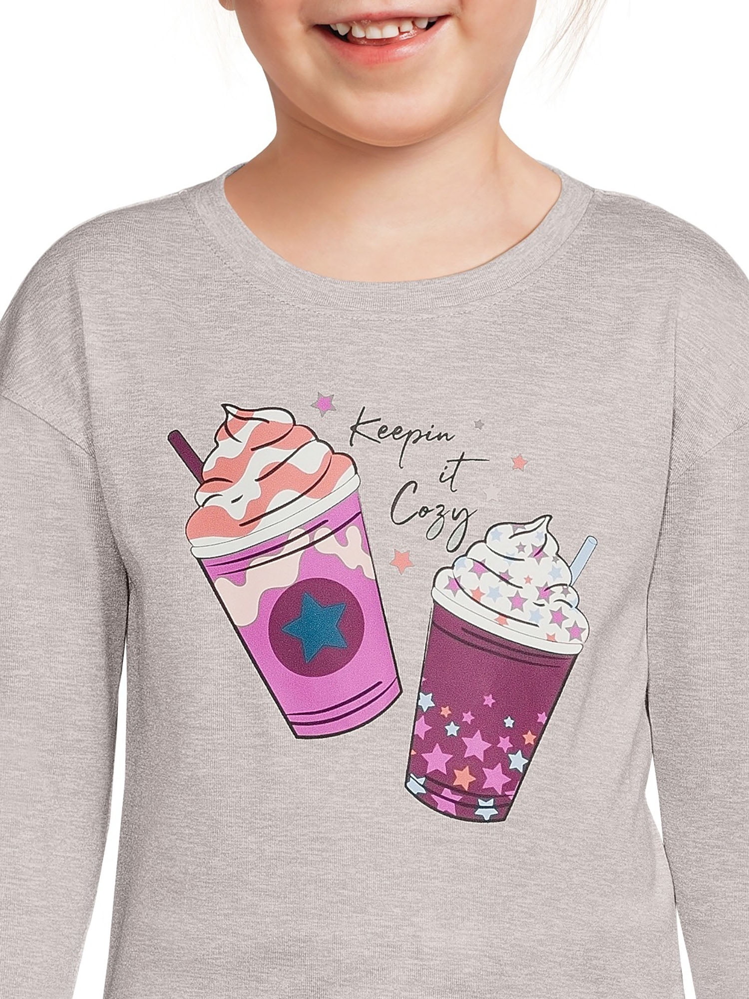 Wonder Nation Girls Long Sleeve Top and Jersey Pants with Knit Flannel, 2-Piece Pajama Sleep Set, Sizes 4-18 & Plus