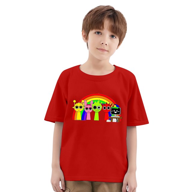 XDZJLR T-Shirt Enfant Thème Musique Sprunki Manches Courtes Col Rond Imprimé pour Garçons Filles Rouge 10-11 Ans