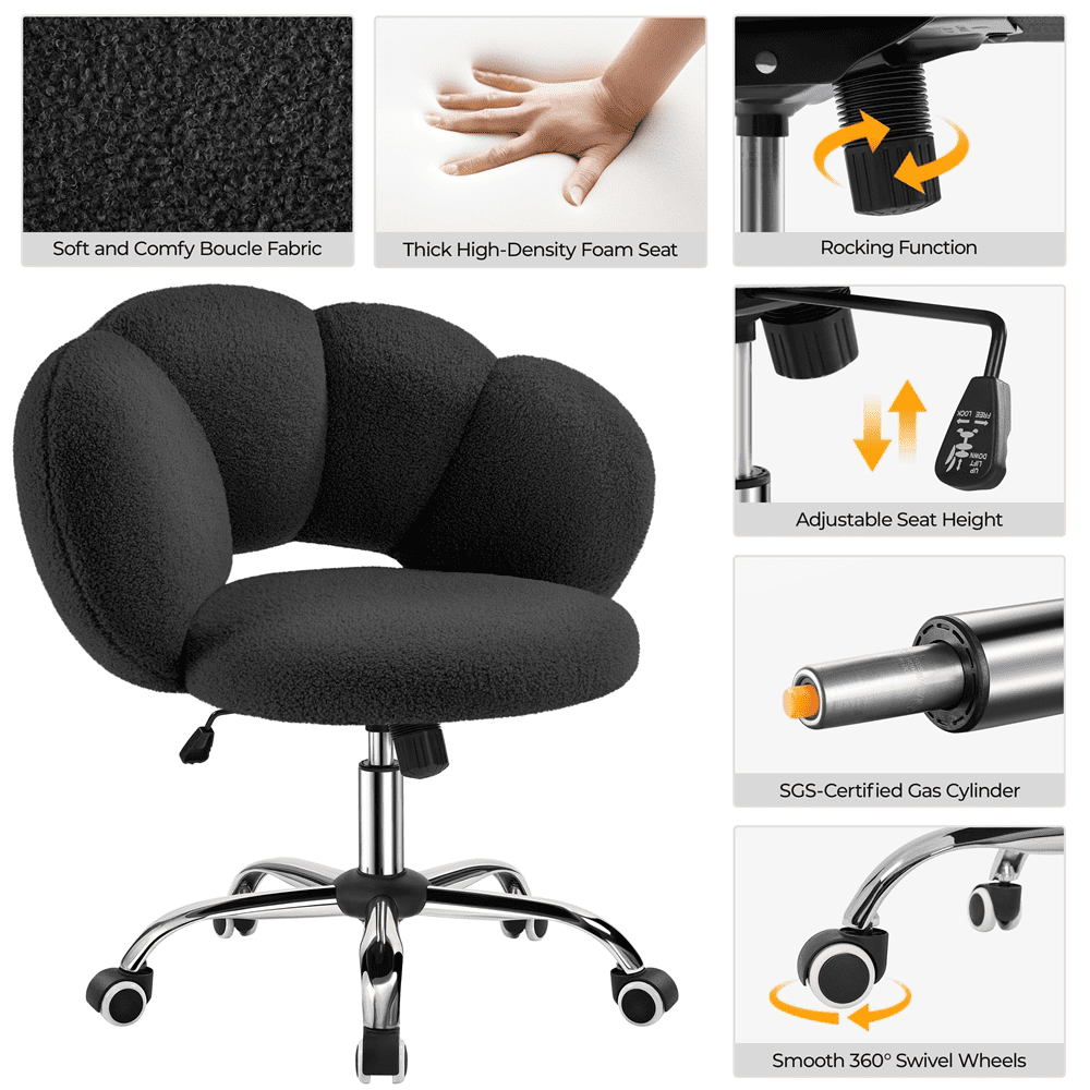 Alden Design Upholstered Desk Chair with Cloud Shaped Backrest, Black