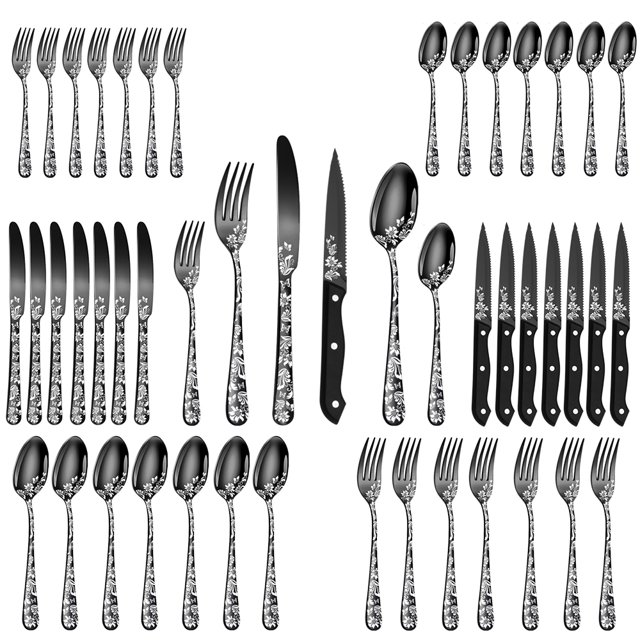 Juego de cubiertos de acero inoxidable de 48 piezas, juego de cubiertos pulidos con espejo, 8 cuchil Meterk Negro