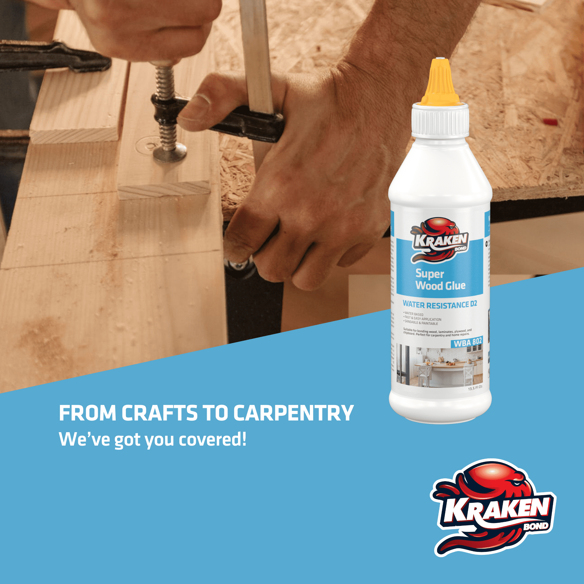 Kraken Bond D2 White PVA Super Wood Glue, Water-Based, 13.5 fl oz - 12 Pack
