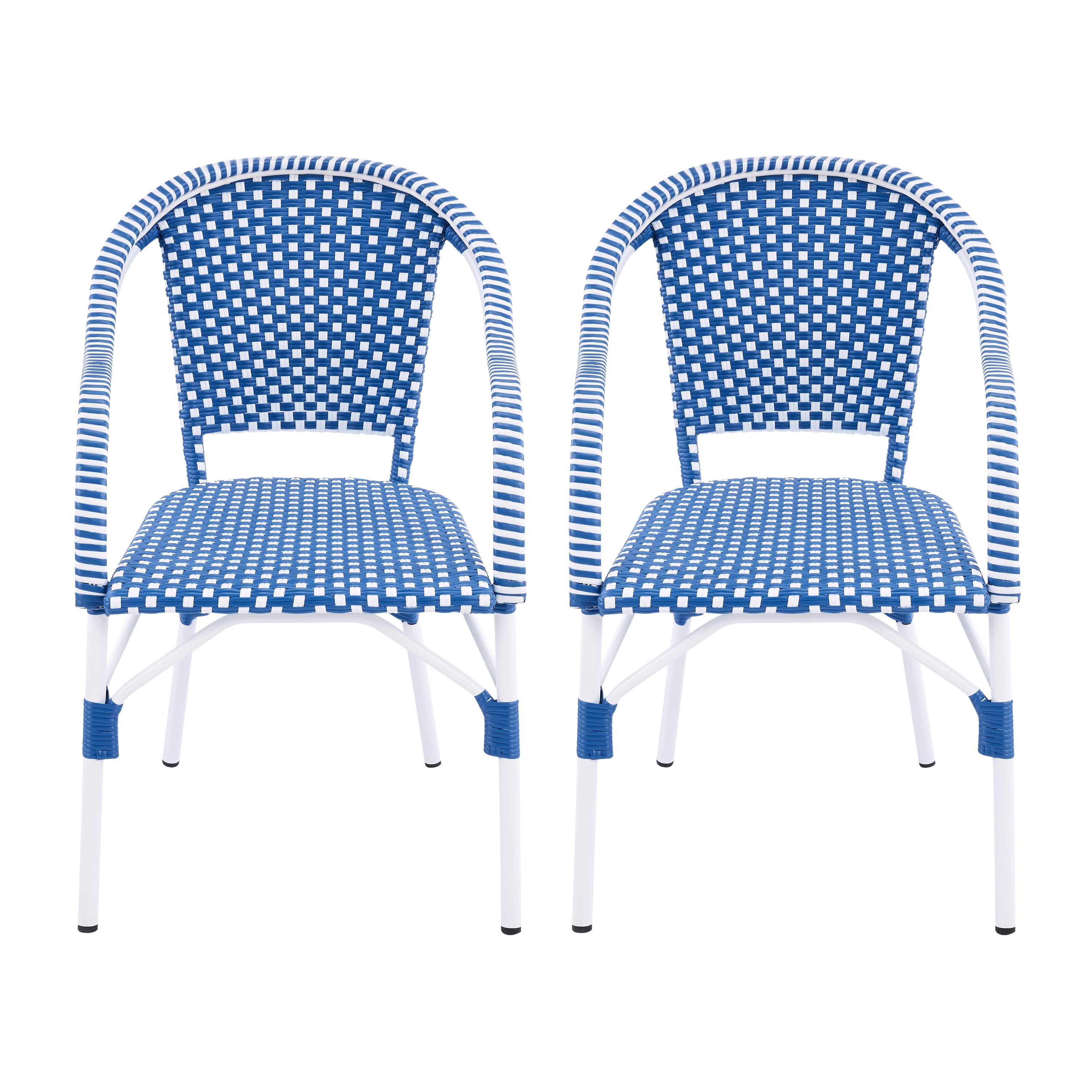 Bistro Chairs Set of 2, Outdoor Aluminum Frame Weather Resistant PP Rattan Chairs for Porch Garden, White and Blue