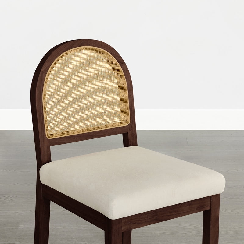 Spruce & Spring Boho Upholstered Dining Chairs Set of 2 with Natural Cane Back, Solid Walnut Wood Frame for Kitchen Island, Cream Fabric