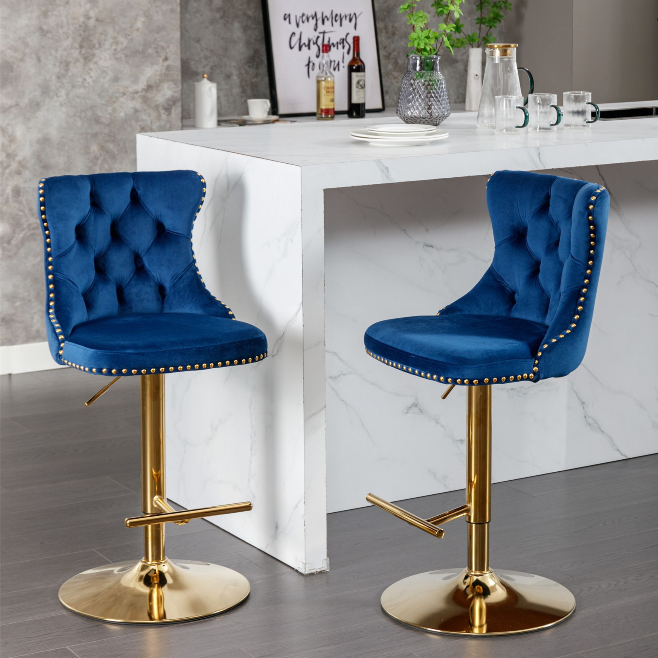 PORKISS Bar Stools Set of 2, Gold Velvet Swivel Barstools with Tufted Backs and Footrests, Upholstered Adjustable Seat From 25" to 33" for Home Pub, Kitchen Island, Blue