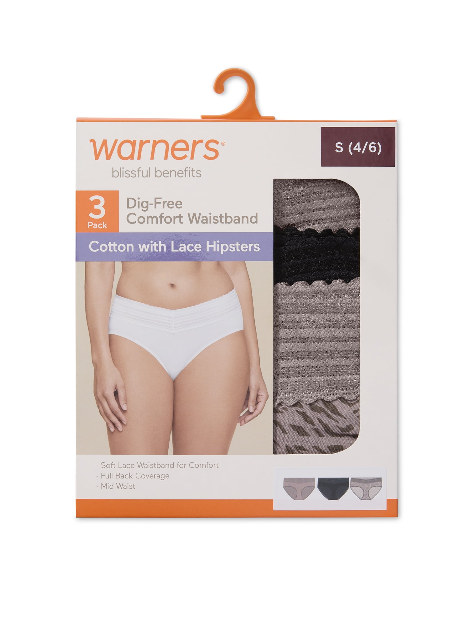 Warners® Blissful Benefits Women's Dig-Free Comfort Mid Waist Cotton Hipster with Lace 3-Pack S-3XL