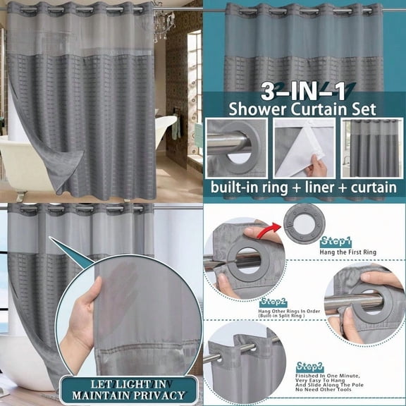 Extra Wide No Hook Shower Curtain with Snap in Liner Set 108 x 74 Hotel Luxury Grey Shower Curtains for Bathroom with See Through Top Window Waterproof Washable 108W x 74H