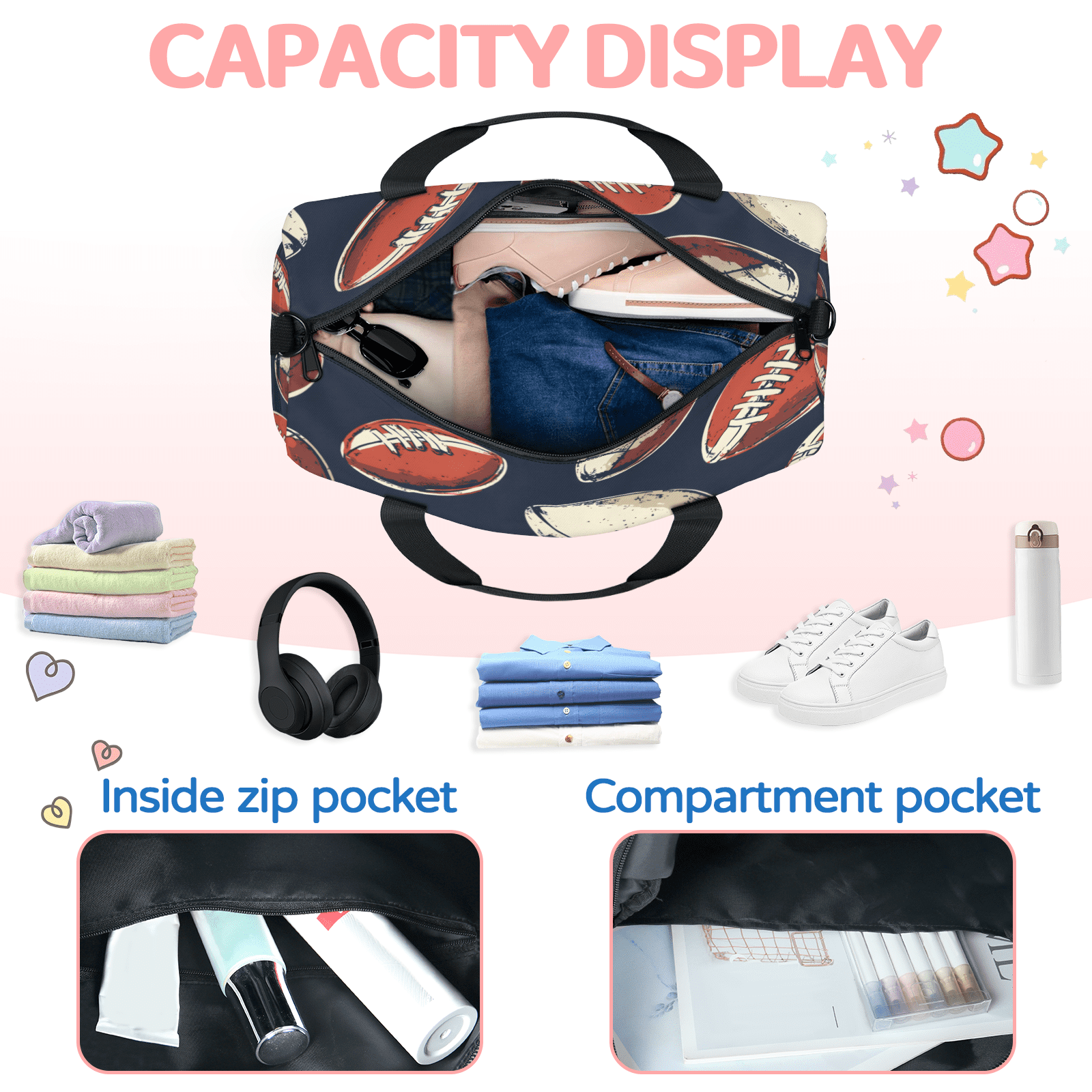 Herdesigns Football Travel Duffle Bag Sports Yoga Weekender Overnight Carry on Workout Bags Lightweight Waterproof Gym Tote Bag for Women Sports