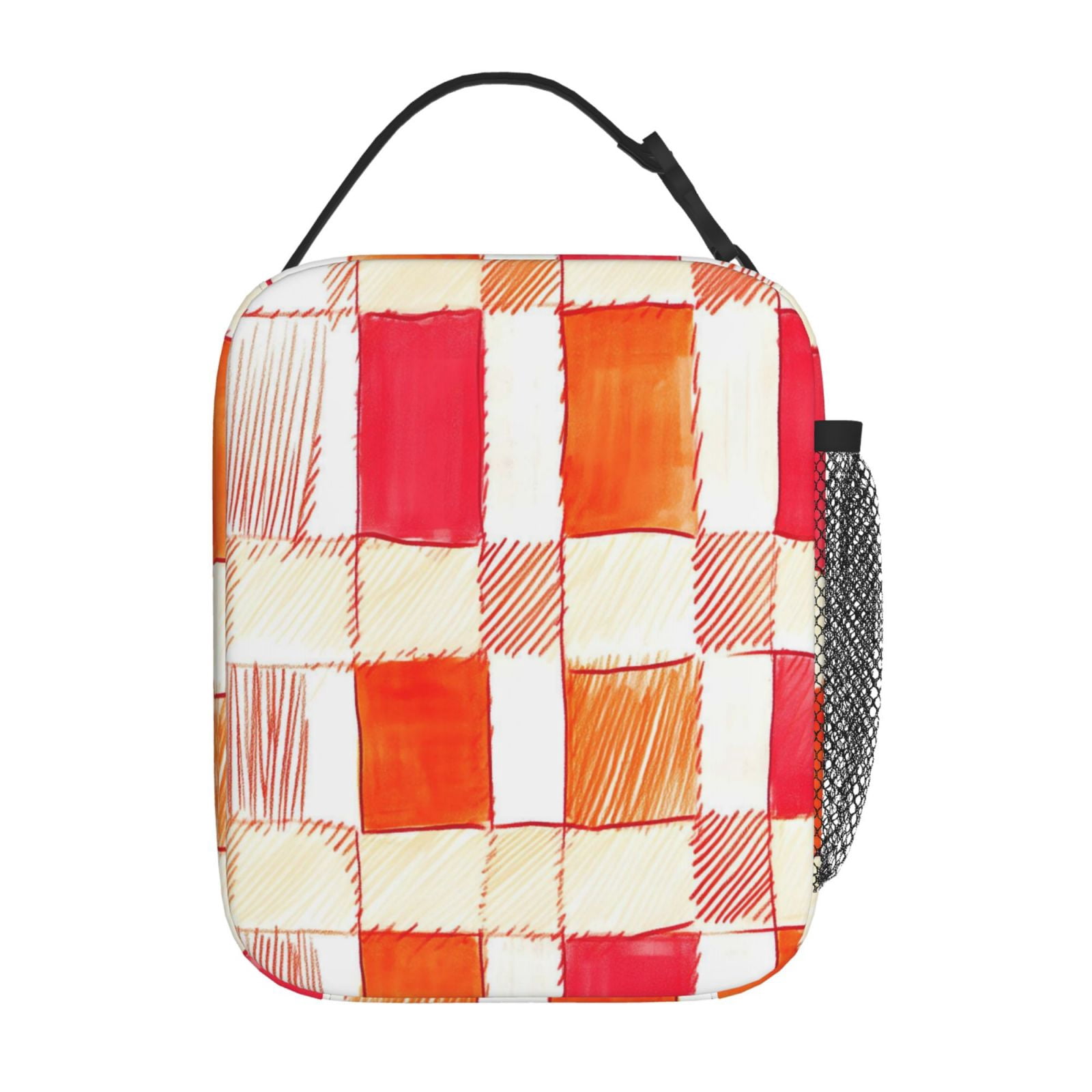 Lunch Bag For Women Men Insulated Portable Lunch Box Bento Box Office Picnic Travel Cooler Bag Orangered Houndstooth Checkered Hand-Drawn Sketch_4