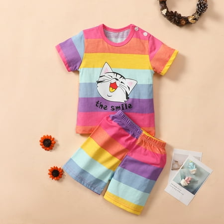

AURIGATE Toddler Kids Baby Girls Letter Rainbow Cats Print Tops Tee Shorts Set Outfits Clearance