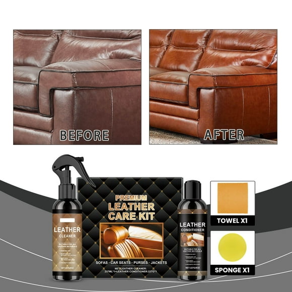 Fiudx Kit para El Cuidado Del Cuero, Limpiador Nutritivo (237 Ml), Acondicionador Suavizante (227 G), Tratamiento de Restauración Rápida, para Usar En Sofás, Sillas y Asientos de Coche, Mantenimiento