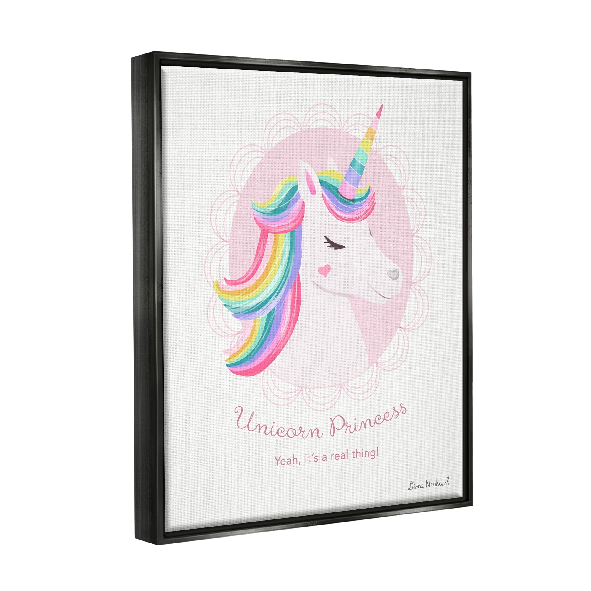 Stupell Industries Unicorn Princess Endearing Unicorn Portrait Fantasy Rainbow Graphic Art Metallic Gold Floating Framed Canvas Print Wall Art, Design by Diane Neukirch