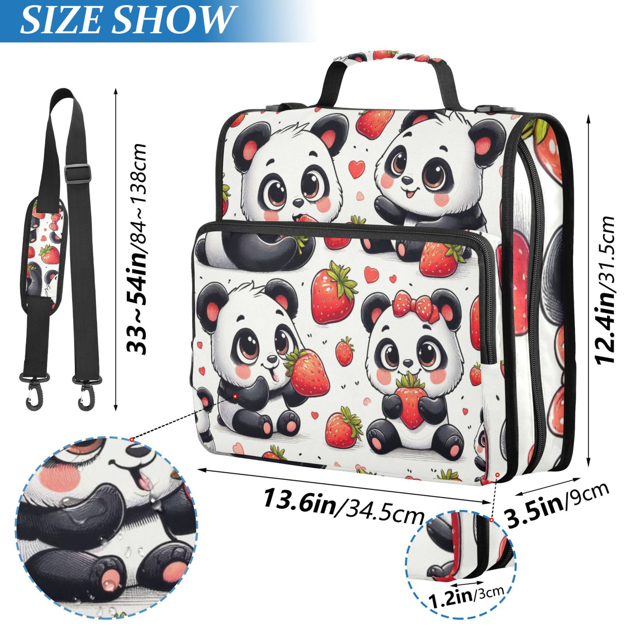 3 Ring Zipper Binder with Shoulder Strap Waterproof Trapper Keeper 2 Inch D-Ring 500 Sheets Capacity Cute Panda with Strawberry