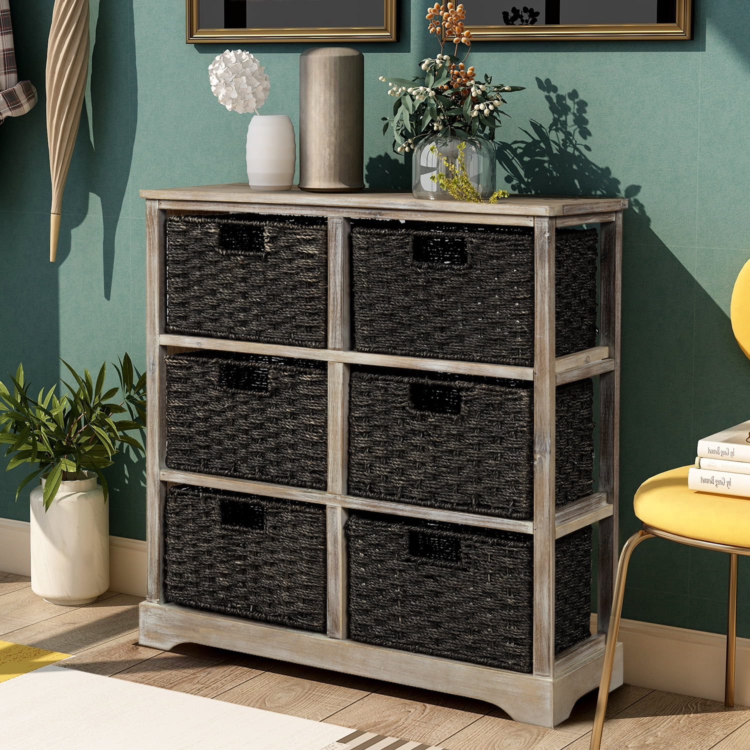 Storage Chest Storage Cabinet W 6rattan Baskets Bench Home Entryway Living Room Furniture Patterer Cabinets Cupboards