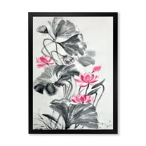 Designart 'Pink Vintage Lotus Flower and Monochrome Leaves' Traditional Framed Art Print