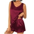 thumbnail image 2 of Feancey Womens 2 Piece Short Sets Satin Silk Cami Pjs Two Piece Outfit Summer Sleeveless V Neck Tank Tops and Ruffled Shorts Matching Lounge Set Wine XXL, 2 of 7