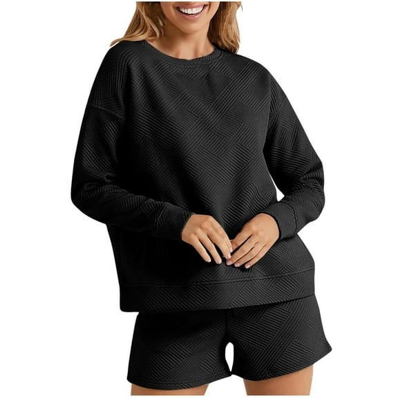 Women 2 Piece Geometric Textured Outfits Set Long Sleeve Sweatshirt and Shorts Two Piece Lounge Sets Matching Casual Clothing Comfy Suit
