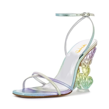 XYD Women Open Toe Sandals Glitter Rhinestone Butterfly Wing Wedge Heels Ankle Strap Bridal Prom Shoes Size 4 Multicolor