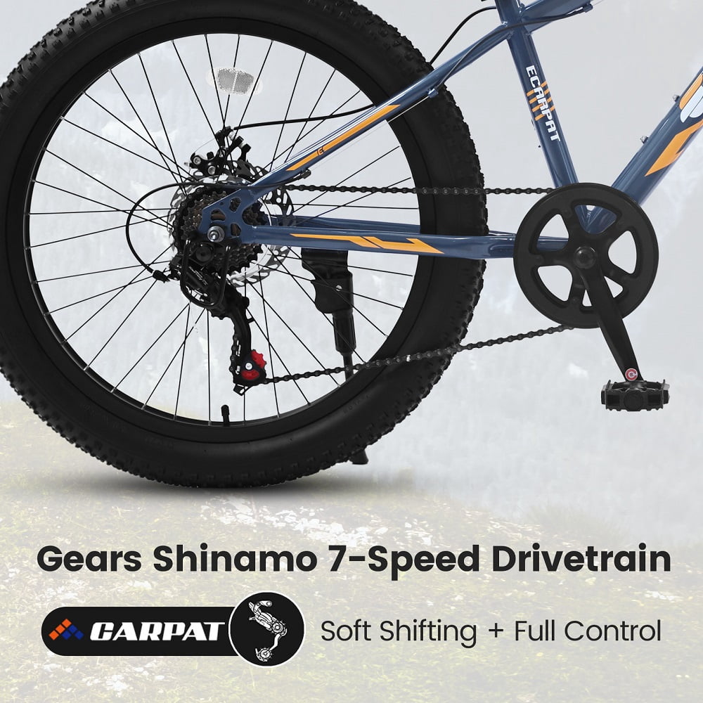 YDSM 24 Inch Fat Tire Bike Full Shimano 7 Speeds Mountain Bike, Dual Disc Brake, High-Carbon Steel Frame, Front Suspension, Mountain Trail Bike, Urban Commuter City Bicycle  Gray