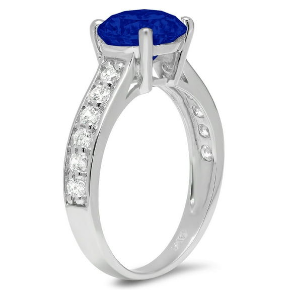 2.3 ct Round Cut Simulated Blue Sapphire Solitaire with Accents Engagement Ring for Women in 18K White Gold