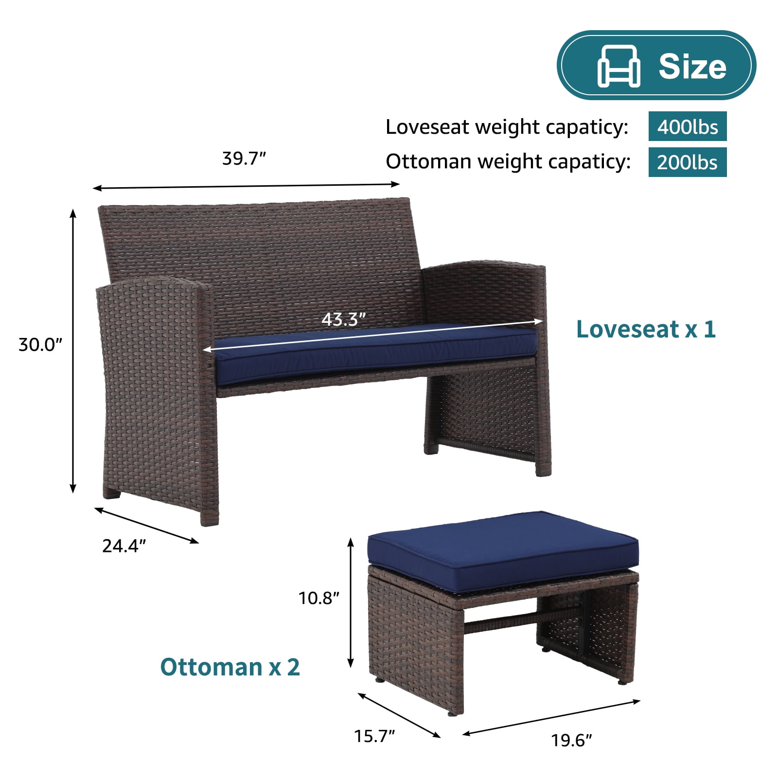 JOIVI 3 Piece Patio Furniture Set, Outdoor Loveseat Patio Furniture RattanSet with Ottoman, Brown Rattan, Navy Blue Cushion