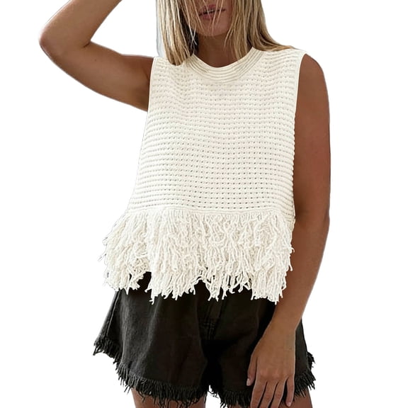 MAFYTYTPR Women's Fringe Hem Open Knit Tank Tops Crew Neck Solid Color Spring Summer Casual Tops for Everyday Wear S-XXL