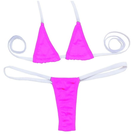 UTSJKR Ribbed Halter Strappy High Leg Cut Bikini Women Swimwear Female Swimsuit 2 pcs/Set Bather Bathing Suit Swim Hot Pink Free Size