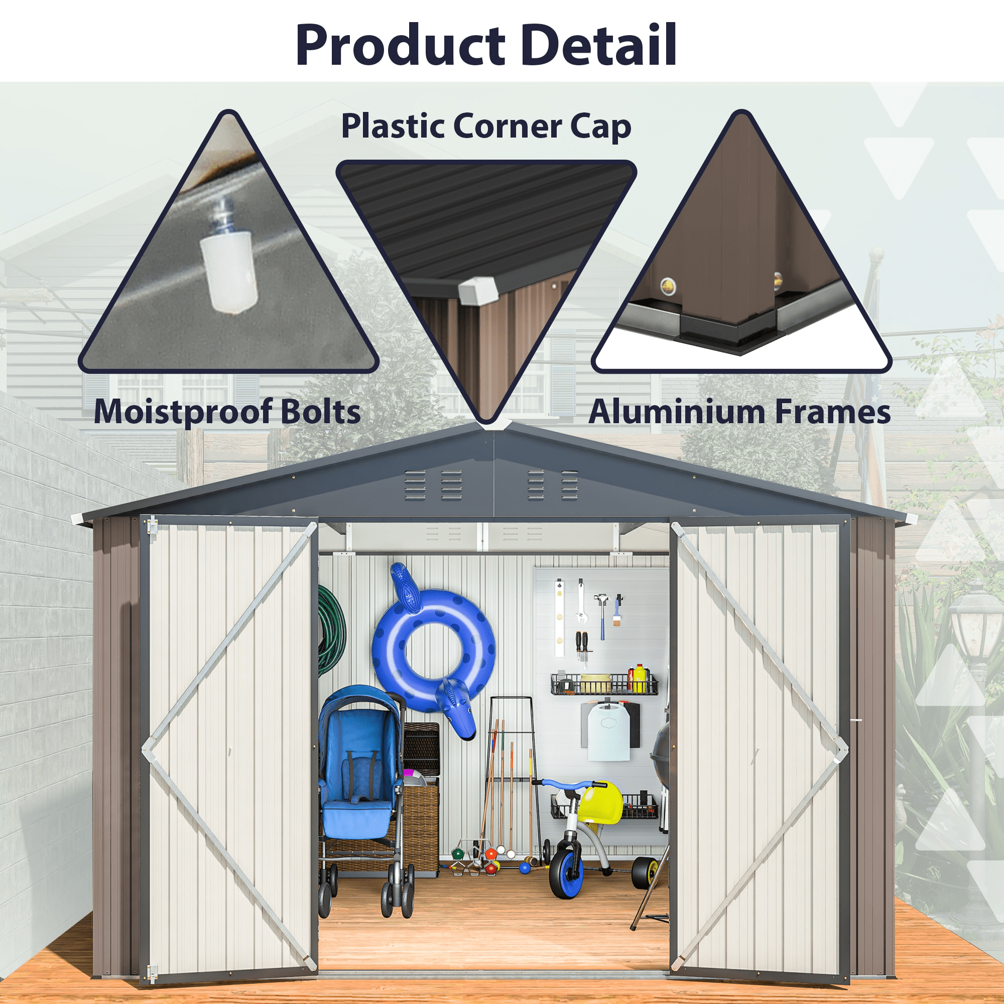 10 x 10 FT Outdoor Metal Storage Shed, Steel Garden Shed with Double Lockable Door, Tool Storage Shed for Backyard, Patio & Lawn Brown
