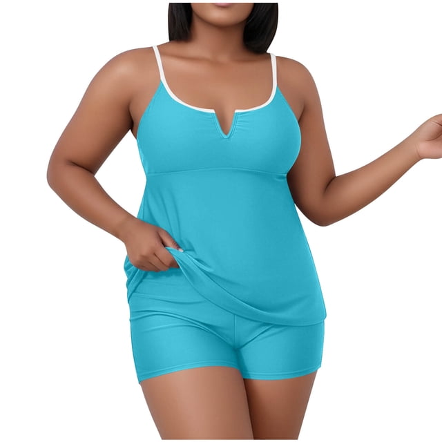 Plus Size Swimsuits for Women Solid Color Two Piece with Tank Top & Removable Pads, Casual Oversized Beach Clothing