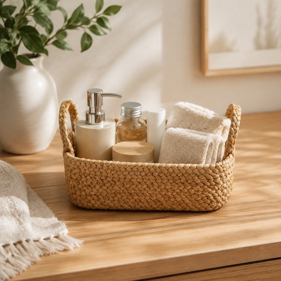 Grass Woven Storage Basket With Handles - Rectangular Organizer Bin For Bathroom Vanity(Brown)