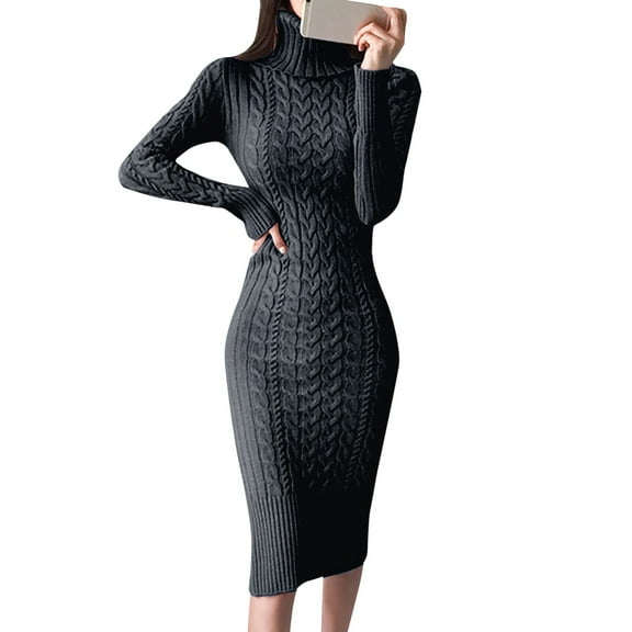 Glisme Sweater Dress For Women Long Sleeve Turtleneck Sweater Dresses Knitted Bodycon Midi Jumper Dresses Basic Winter Clothes Black