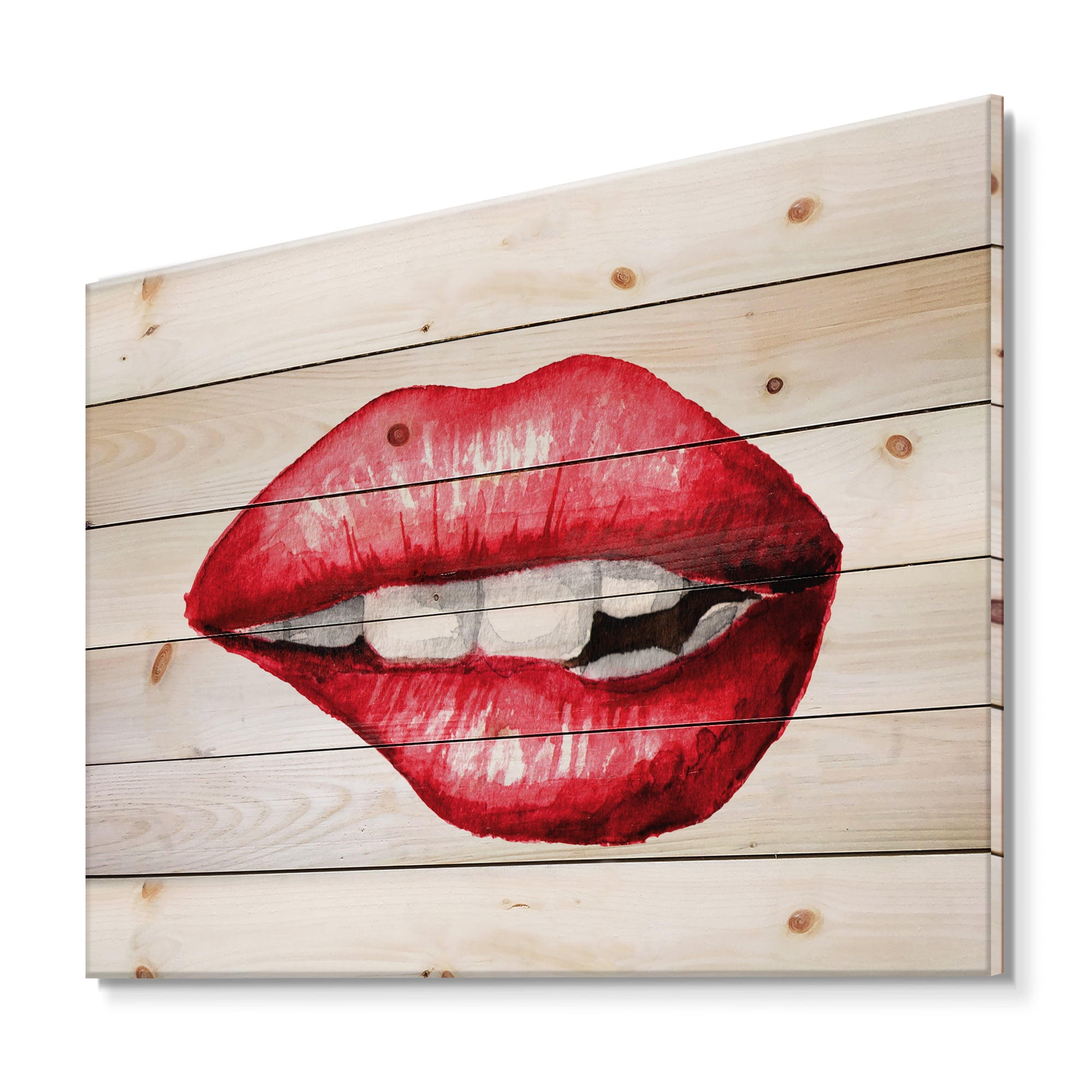 Designart 'Sexy Plump Puffy Girl Lips Biting' Modern Print on Natural Pine Wood