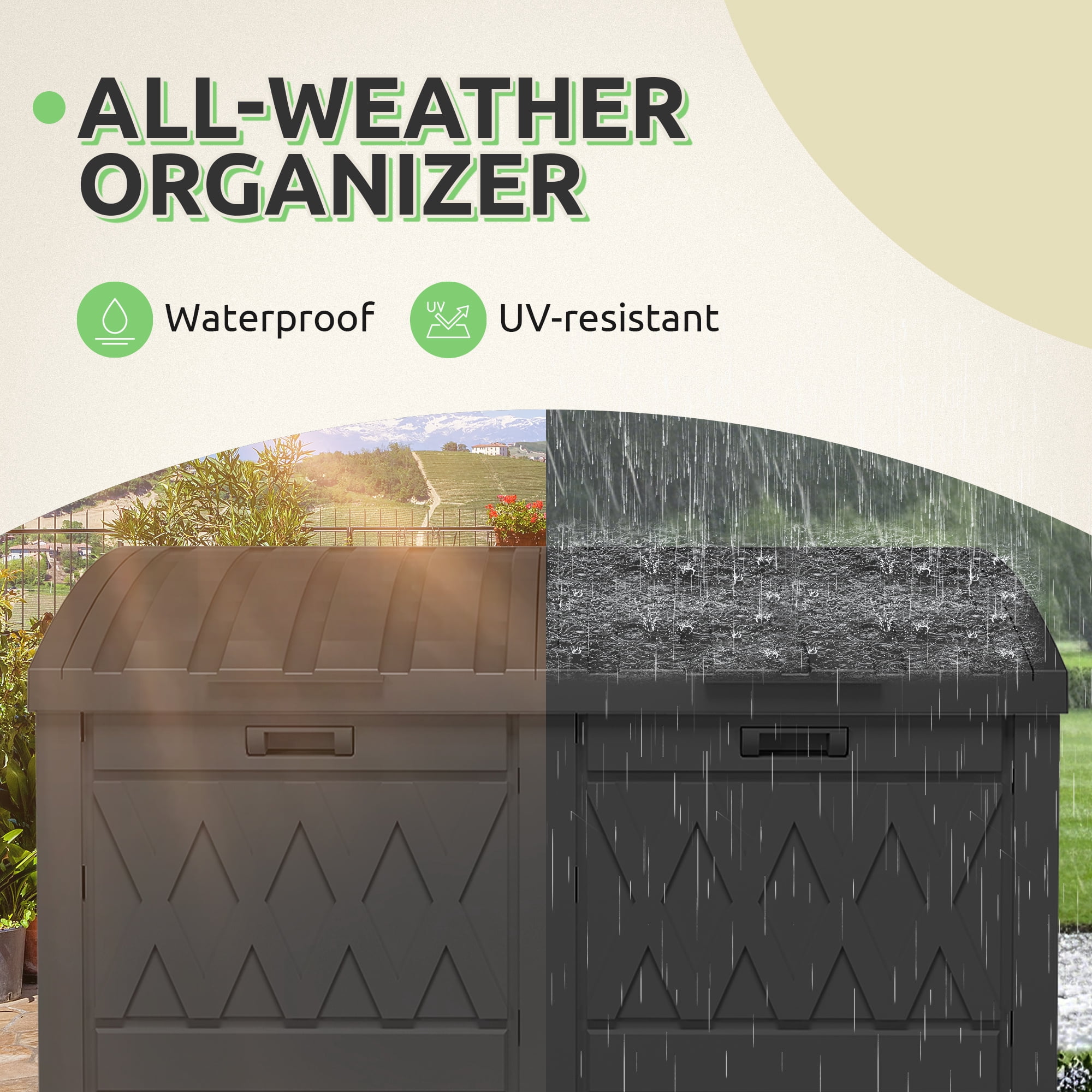 Uforic 62 Gallon Double Compartment Outdoor Trash Can, Waterproof Resin Garbage Bin with Tiered Lid and Drip Tray for Patio, Deck, Backyard, Black