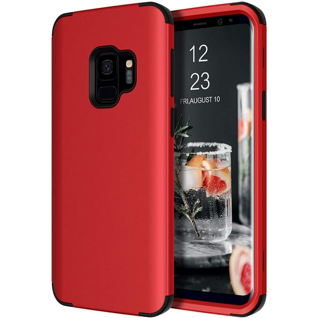 Galaxy S9 Case, Phone Case Samsung S9, Slim Fit Heavy Duty Shockproof Drop Protection 3 in 1 Rugged Hybrid Hard PC Soft Silicone TPU Bumper Full Protective Non Slip Girls Women S9 Cover, Red