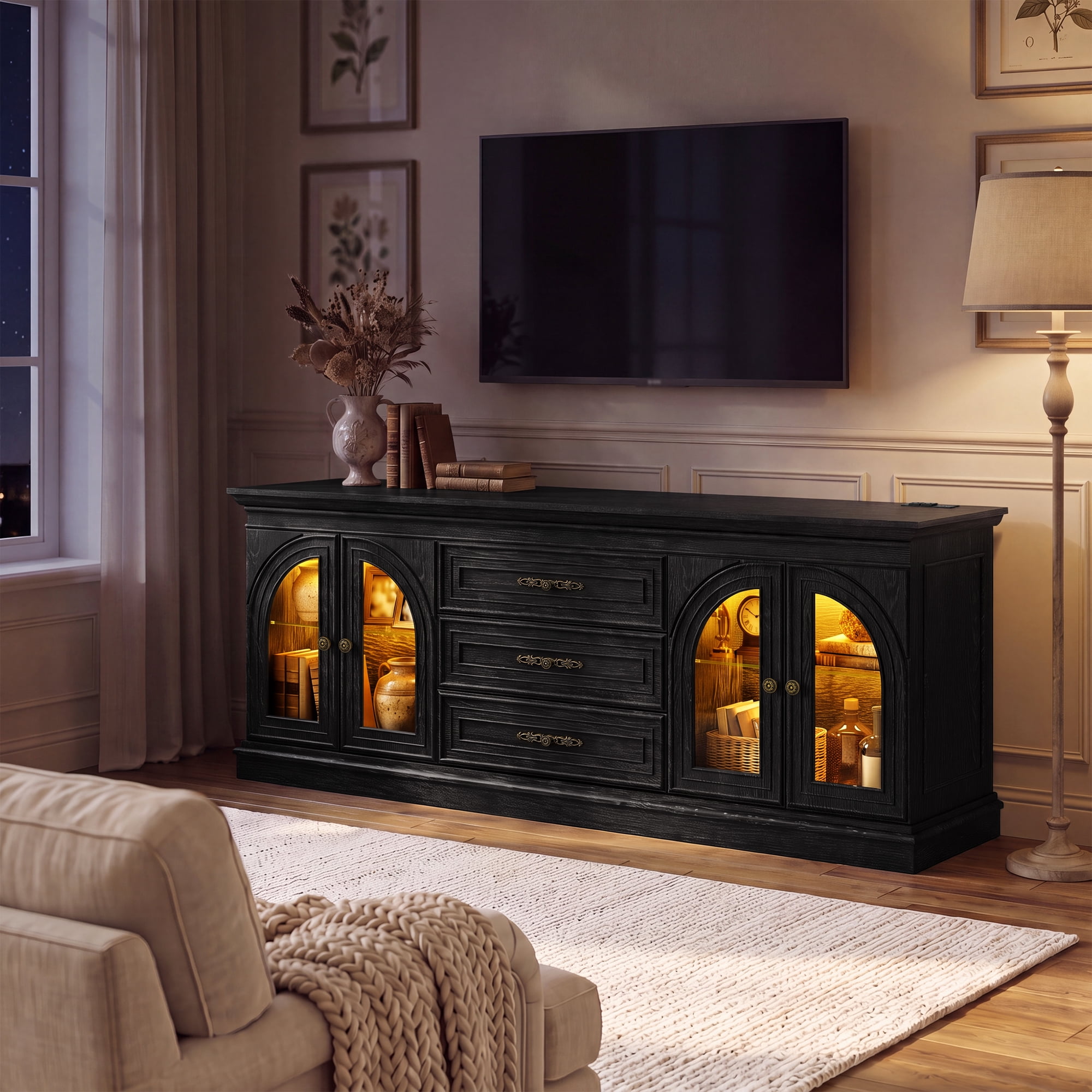 Lacoo 63'' Vintage-Style TV Stand for TVs Up to 70'' with LED Lights and Outlets, Entertainment Center with Storage Cabinets and Drawers for Living Room, Black