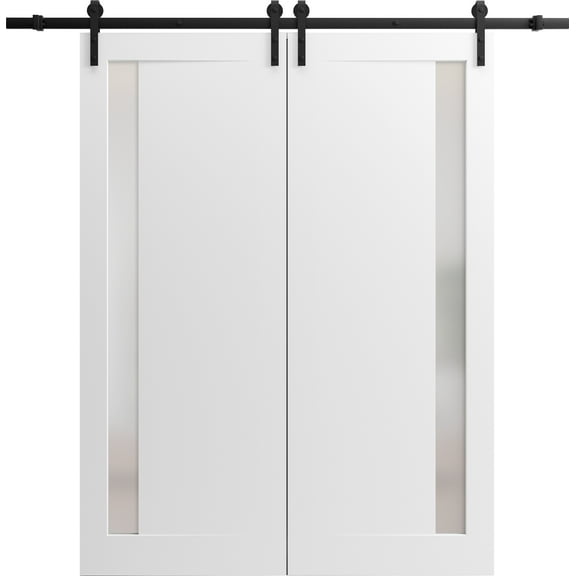 Sturdy Double Barn Door 48 x 80 inches with | Planum 0660 Painted White with Frosted Glass | 13FT Rail Hangers Heavy Set | Solid Panel Interior Doors