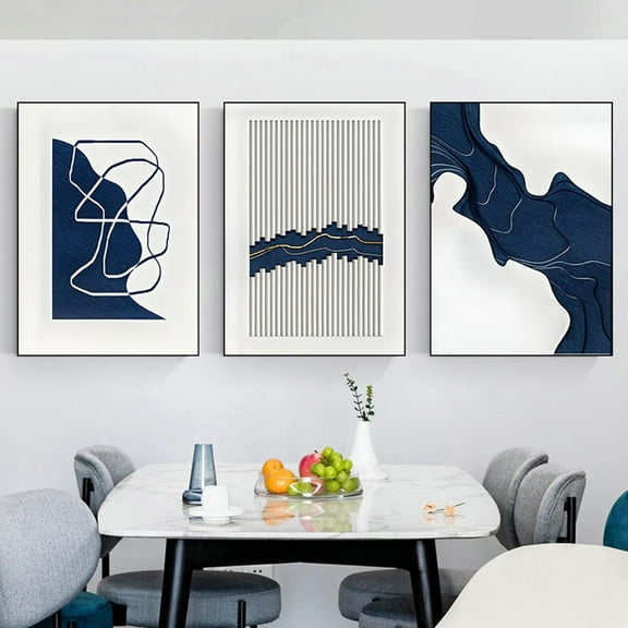 Hieng Modern Abstract WallSet, Geometric and Architecture Prints, Black Blue Wall Decor for Living Room Bedroom Office