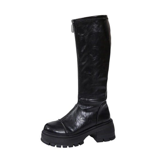 hzomhy Womens Mid Calf Boots Round Toe Front Zipper Mid Block Heel for Casual Daily and Fall Winter Wear
