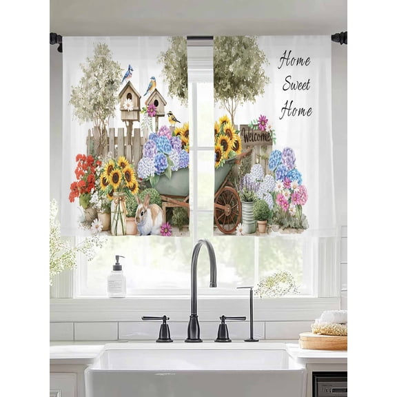 Farmhouses Sunflower Embroidered Rabbit Chiffon Sheer Curtains 45 Inches Long Spring Floral Rod Pocket Window Curtains Voile Drapes Curtains for Living Room Bedroom,2 Panels