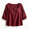 thumbnail image 6 of Women's Loose Fit French Collar Plaid Long Sleeve Shirts Blouse Comfy Breathable Cute Trendy Outfits Casual Daily Wear Summer Vacation | CSEONE,Wine XL, 6 of 6