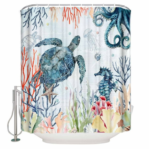 Shower Curtain Bathroom Set Sea ​​turtle Coral Seaweed Waterproof Fabric Shower Curtains with Grommets&Hooks Blue Ocean Octopus Seahorse Privacy Bath Curtain for Bathtub 36x72in