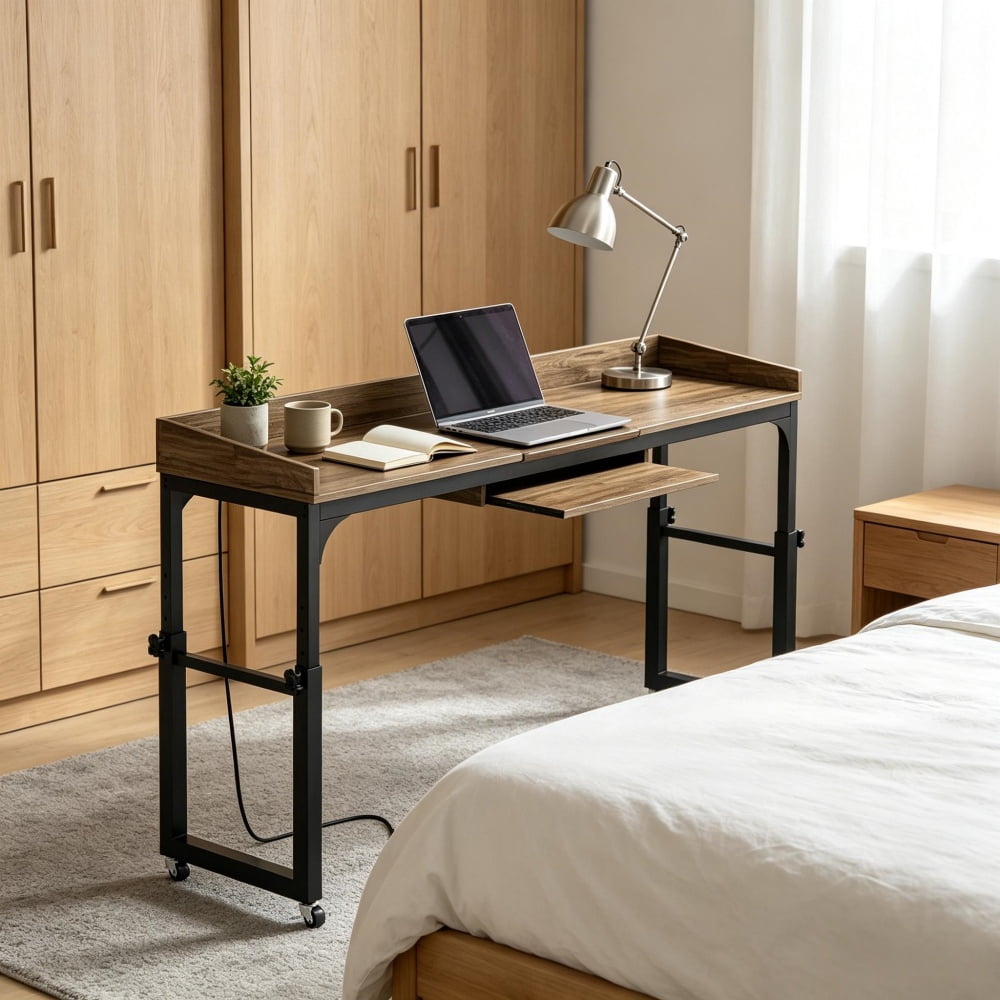 Height Adjustable Overbed Table with Wheels, 5-Level Tilting Desktop, Mobile Bedside Desk with AC & USB Charging Ports for Working Reading Gaming