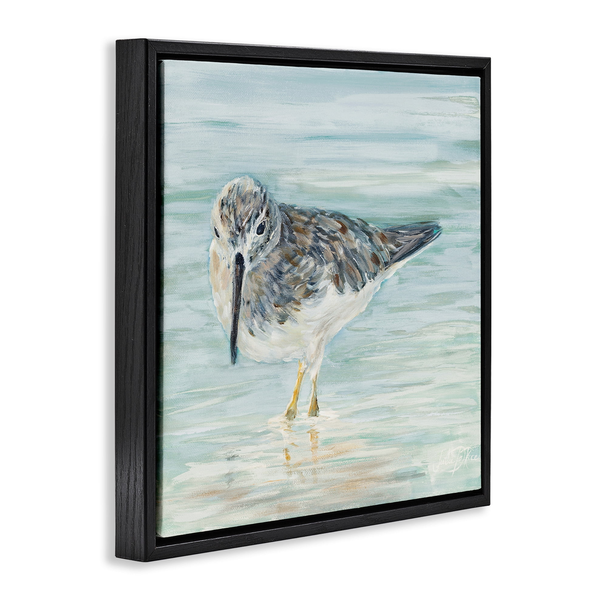 Stupell Industries Sandpiper in Shallow Beach Waters Animals & Insects Painting Black Floater Framed Canvas Art Print Wall Art, 18 x 18