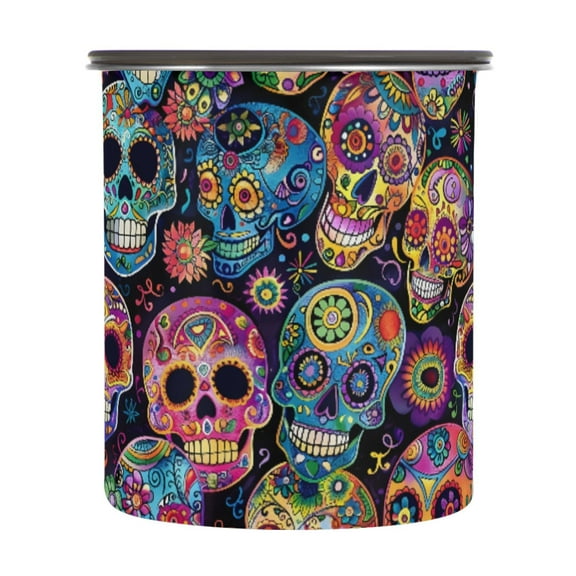 Sugar Skulls Day Of Dead Airtight Coffee Bean Canister 30oz Food Storage Containers with Lids For Gournd, Tea, Sugar, Flour, Rice, Cereal, Candy Cookie Jar