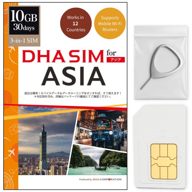 Tarjeta SIM DHA SIM Asia 10 GB por 30 días para 12 países LTE