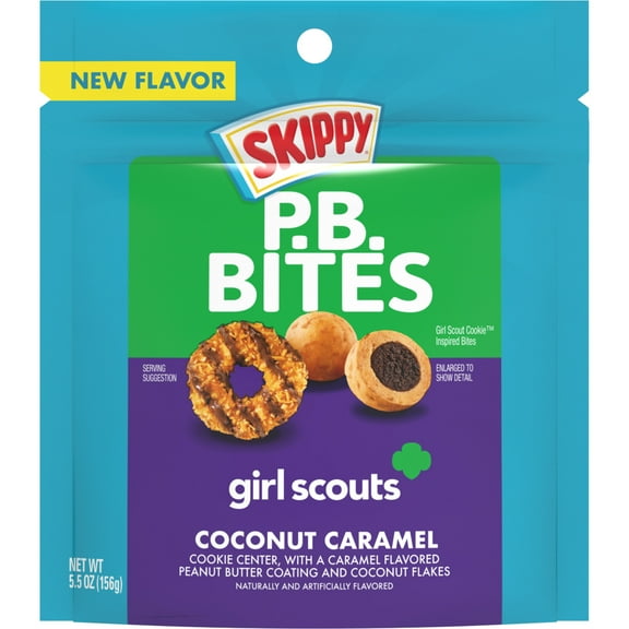 SKIPPY PB Bites Girl Scout Coconut Caramel Snack, Shelf-Stable, 5.5 oz Plastic Resealable Pouch