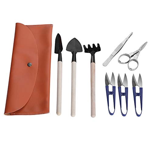 ZELARMAN Bonsai Tools Kit Garden Tool Set of 9 Pcs with Pruning Shears,Scissors,Tweezers,Cleaning Brush,Mini Rake&Spades 