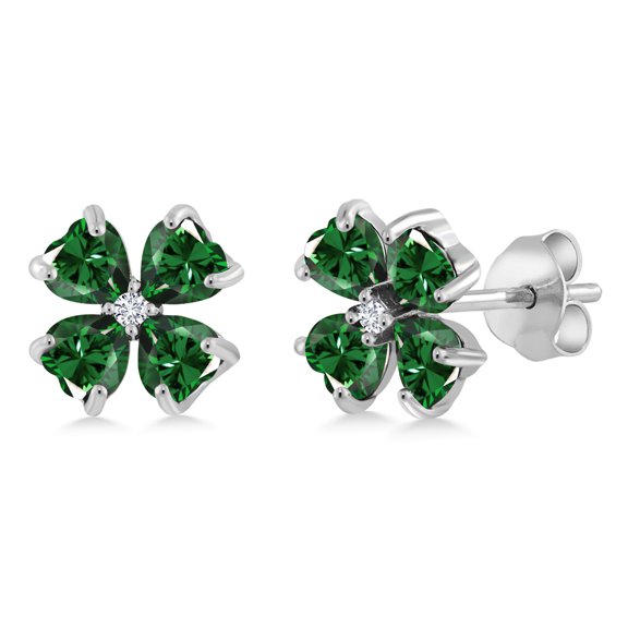 Gem Stone King 3.23 Cttw Green Nano Emerald and White Lab Grown Diamond Earrings for Women | 925 Sterling Silver | Gemstone May Birthstone | Heart Shape 4MM
